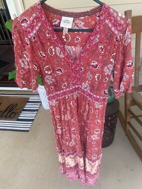 Knox Rose Rust Floral V-Neck Dress with Pink Trim